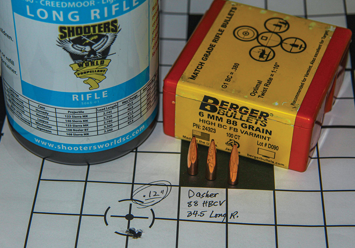 The best group of the test came from 34.5 grains of Shooters World Long Rifle beneath Berger’s 88-grain High BC FB Varmint bullet. That group measured .12 inch at 3,112 fps.